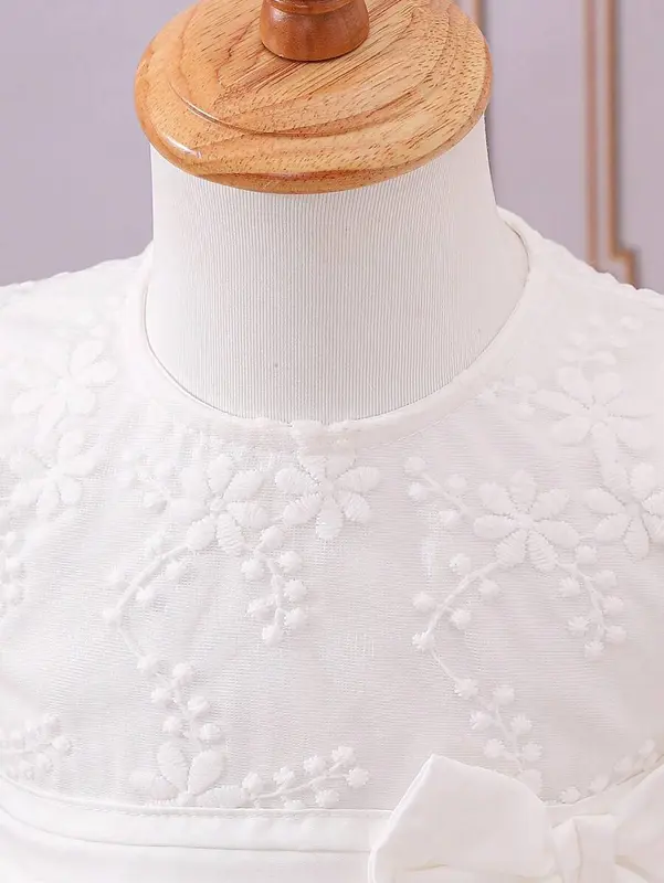 Baby Girl Sweet Embroidered Mesh Dress With Bowknot Decoration And Bubble Sleeves, Summer 4