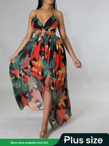 Plus Size Floral & Leaf Print Chain Decor Cut Out Split Thigh Cami Dress, Boho Fashion Backless Halter Neck Maxi Dress for Daily Holiday Vacation Wear, Womenswear, Casual Wear