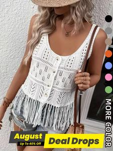 Women's Plain Fringe Trim Button Sweater Vest, Casual Elegant Lightweight Fabric Scoop Neck Sleeveless Knit Top for Summer, Fashion Women's Knitwear for Daily Wear