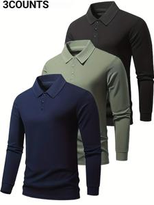 Men's Solid Long Sleeve Polo Shirt, Casual Golf Polo Regular Fit Button Decor Collared Top for Fall & Winter, Men's Clothes for Daily Wear