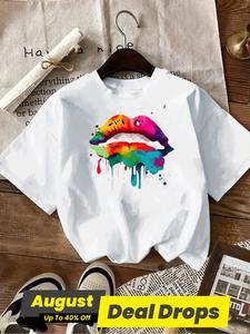 Women's Lip Print Round Neck Sports Tee, Fashion Casual Crew Neck T-Shirt for Daily Outdoor Wear, Ladies Summer Clothes, Top, Streetwear