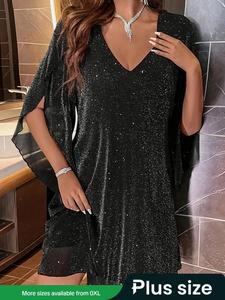 【 Plus Size】 Glitter V Neck Dress, Elegant Short Dress for Party Club Dating Wear, Women's Clothes for All Seasons, Womenswear, Formal Dresses