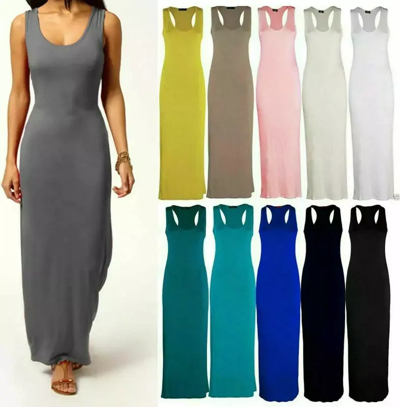 WOMENS LADIES LONG MAXI DRESS PLAIN RACER MUSCLE BACK VEST STRETCH JERSEY 8-26 0