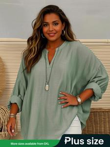 【Plus Size】 Solid Color Curved Hem Peplum Blouse, Casual Half Sleeve Tie Neck Top for Summer, Women's Plus Clothing for Daily Wear, Shirts