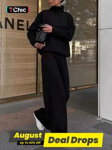 Women's Solid Turtleneck Top & Wide Leg Pants Set, Casual Fashion Cozy Long Sleeve Top & Trousers for Daily Outdoor Wear, Knit Co Ords for Women, Women's Clothing for Fall & Winter, Two Piece Set Women