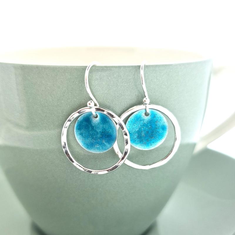 Silver turquoise Nebula circle drop earrings 3