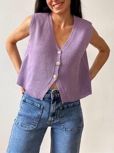 Women Y2K Crochet Vest Button Down Sleeveless Knit Top V Neck  Crop Tank Tops Solid Color Going Out Shirt
