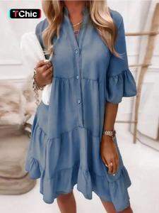 Women's Denim-effect Print Ruffle Trim V Neck Dress, Casual Basic Short Sleeve Dress for Summer, Fashion Women's Clothes for Daily Wear, Womenswear