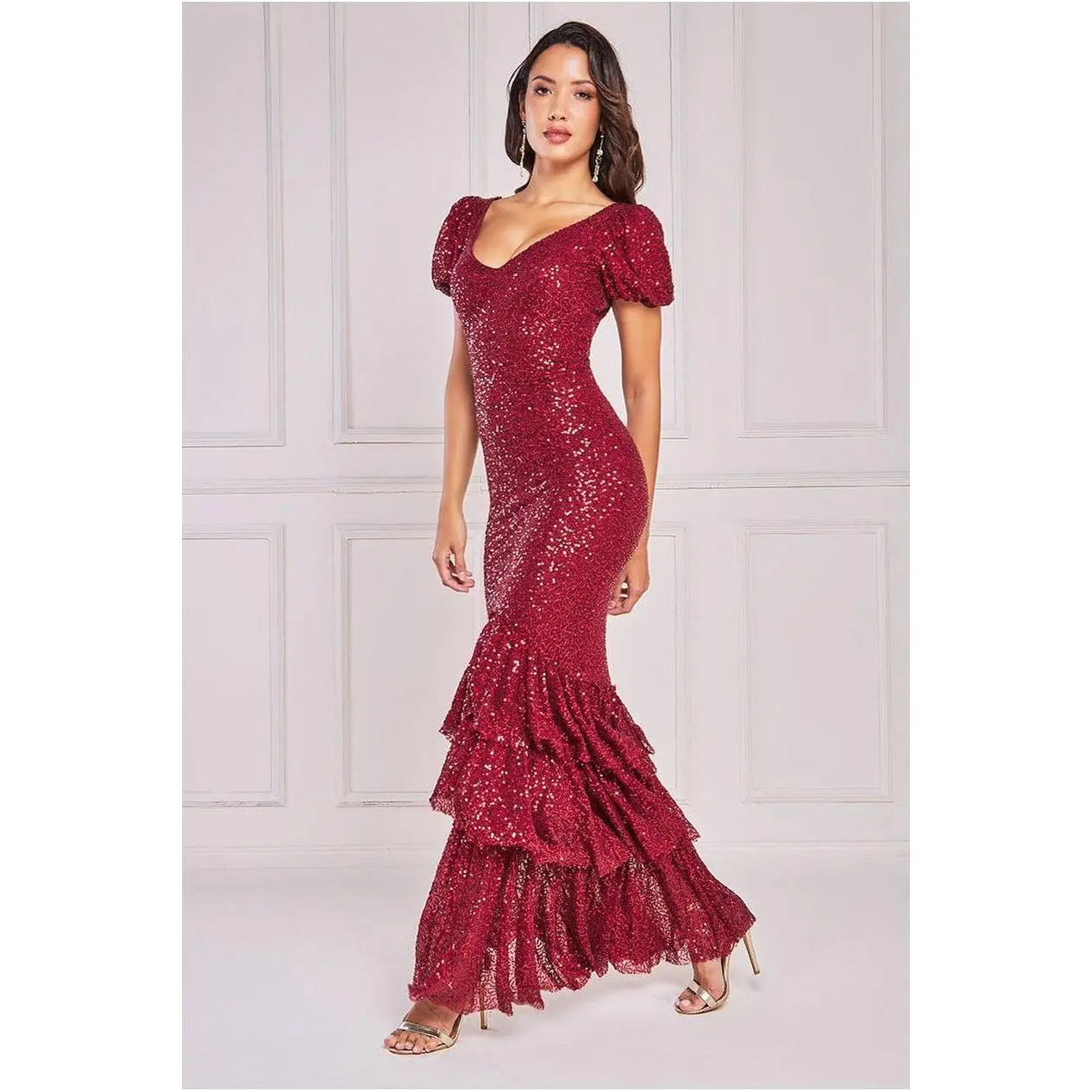 Puff Sleeve Tiered Hem Maxi Dress - Wine by Goddiva