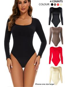 Women's Solid Knit Long Sleeve Square Neck Body Contouring Shapewear Bodysuit, Casual Comfy Soft Tummy Control Butt Lift Shaper, Ladies Shapewear for Daily Wear Underwear