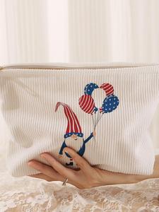 A doll balloon pattern printed corduroy makeup bag, cartoon style, cute, lightweight, multi-functional, fashionable and casual makeup bag, multi-functional storage bag, travel makeup bag, suitable for Independence Day leisure travel and various occasions