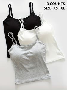 Women's Solid Color Ribbed Tank Top with Padded Bra, Thin Casual Underwear, Sexy Crop Top, Available in 1/2/3 Pieces