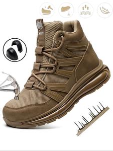 Men's Letter Pattern Steel Toe Slip Resistant Puncture Proof Construction Safety Work Shoes As Gift, Lightweight Breathable Anti-slip Work Shoes