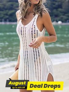 Women's Plain Hollow Out Split Hem Cover Up Dress, Casual V Neck Sleeveless Cover Up Dress for Summer, Ladies Swimwear for Women Beach Holiday Vacation, Swimsuit Coverup for Women, Beach Summer Swimming Cover Ups, Crochet Cover Up