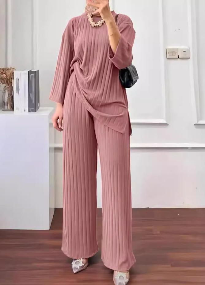 Product Introduction of 2023 Autumn and Winter New Women's Long Sleeve Top Wide Leg Pants Suit Solid Color Casual Sportswear 2 Piece Set 0