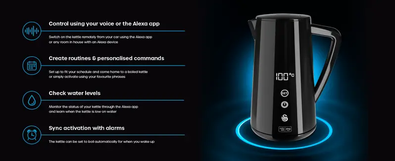 Product Introduction of 2025NEW-Swan SK14650BLKN Alexa Smart Kettle, LED Touch Display, Keep Warm Function, Stainless Steel Insulated, 1.5L, 1800W, Black 3