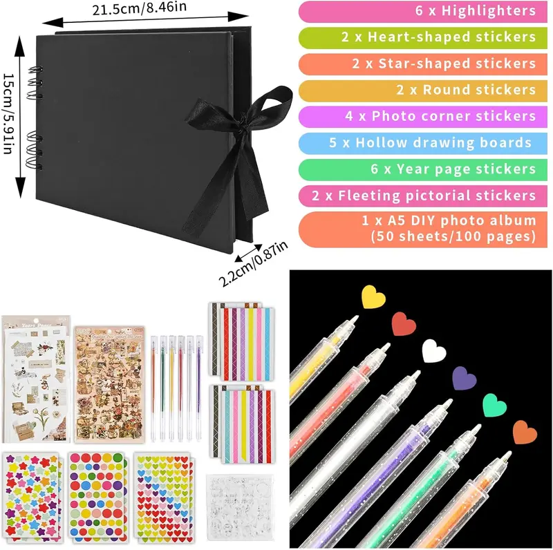 Scrapbook Photo Albums, DIY Memory Album 100 Pages Photo Album Craft Paper with Scrapbook Accessories Couples Scrapbook Baby Scrapbook for Anniversary, Wedding,Travelling, Baby Shower Black 2