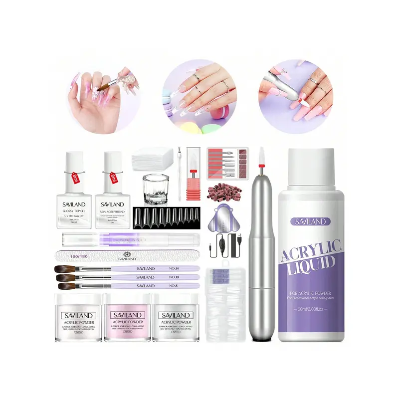 Grandland acrylic nail kit-3 colors acrylic powder and liquid set with acrylic nail brushes/nail drill/top gel/non-acid pH link/nail glue/Dappen dish/imitation nail tips gel X nail Kit for salon DIY 0