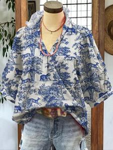 Women's Plant & Bird Print V Neck Blouse, Boho Casual Short Sleeve Top for Summer, Women's Clothing for Daily Wear, Boho Cottagecore Blouse