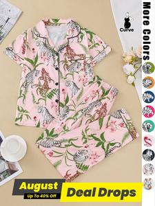 【Plus Size】 Animal Print Pocket Pyjama Set, Casual Short Sleeve Top & Elastic Waist Trousers Lounge Set, Women's Sleepwear for Summer