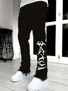 Men's Solid Color Printed Raw Trim Design Button Fly Flare Leg Jeans, Tight-Fitting Street Fashion Casual Comfy Multi-Pocket Denim Pants for Daily Wear, Mens Bottoms for All Seasons