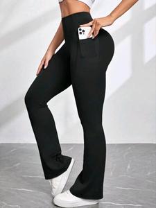 Women's Plain High Waist Flare Leg Pants, Casual Pocket Design Sports Tummy Control Leggings for Yoga Gym Workout, Ladies Sportswear for Summer