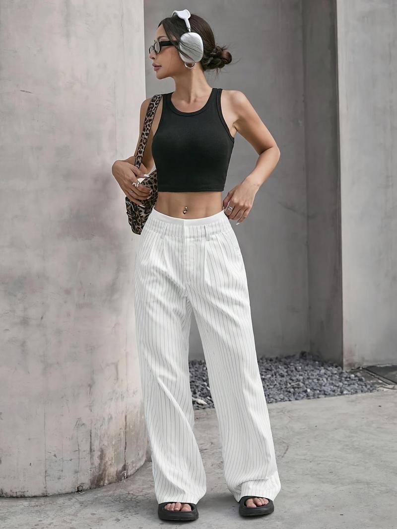Product Introduction of Women's High-Waist Striped Wide-Leg Blazer Pants - Navy Blue & White Vertical Stripes, Polyester, Casual Style, Machine Washable, Spring/Summer/Fall Wear, Versatile Legwear | Wideleg Design | Glossy Texture, Wide Leg Pants 12