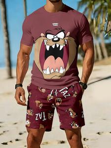 Men's 3D Digital Printed Two-Piece Set with Big Mouth Cute Monster Pattern, 2Pcs, Trendy & Stylish Outfit, Retro Casual Two-Piece Suit, Vacation-Style Fashion Wear, Breathable Sports Casual Style Clothes, an Ideal Festival Gift for Men