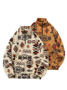 Men's Ethnic Pattern Zip Up Pullover Sweatshirt, Casual Loose Long Sleeve Sweatshirt for Fall & Winter, Men's Clothes for Daily Wear