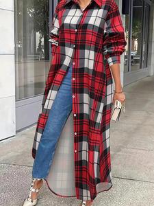 【Plus Size】 Plaid Print Button Collared Long Shirt, Casual Long Sleeve Collared Shirt for Daily Wear, Women's Clothing for All Seasons