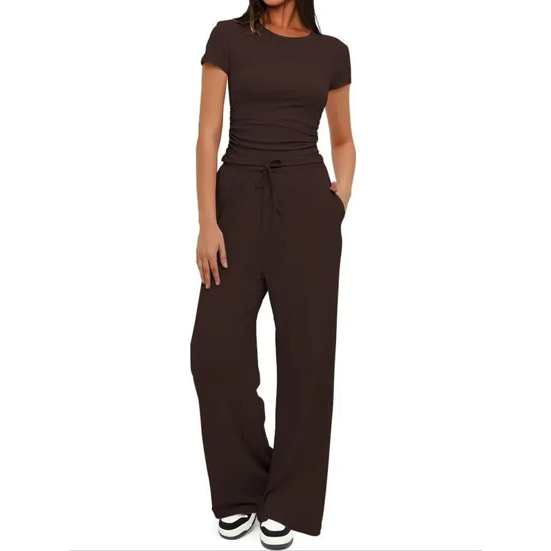 Women's Solid Crop Top & Drawstring Wide Leg Pants Loungewear Two-piece Set, Casual Comfy Round Neck Short Sleeve Top & Trousers PJ Set, Ladies Sleepwear for All Seasons, Pajamas 3