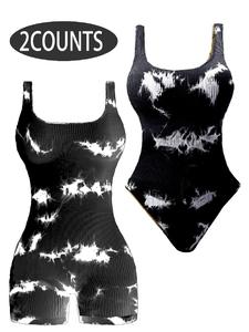 Women's Tie Dye Print Sleeveless Sports Bodysuit, Sporty Square Neck Romper & Bodysuit, High Stretch Seamless Yoga Workout Clothing for Women