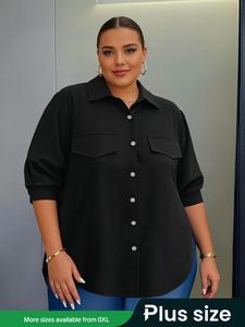 【Plus Size】 Plain Button Front Split Hem Blouse, Casual Long Sleeve Solid Button Front Collared Top for Daily Wear, Women's Plus Clothing for All Seasons, Elegant Plus Size, Shirtswomen, Plus Size Clothes Women, Aesthetic Womenswear