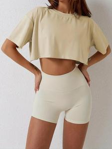 Women's Drop Shoulder Crew Neck Crop Tee, Summer Clothes Women, Casual Minimalist Comfort Short Sleeve Round Neck Cropped T-Shirt for Spring Summer, Women's Top for Daily Wear, Clothing, Womenswear, Baggy Tshirt