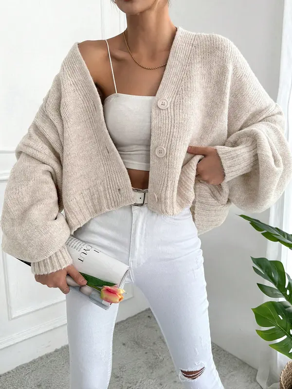 V-Neck Loose-Fit Casual Solid Color Lantern Sleeve Knit Cardigan