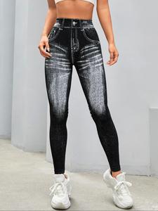 Women's Denim-effect Print High Waist Sports Leggings, Sporty Comfy Breathable Skinny Pants for Yoga Gym Workout Running, Ladies Sportswear for All Seasons, Tummy Control