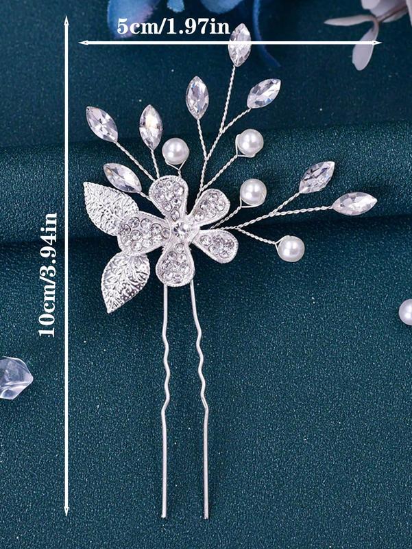 1pc Women's Handmade Silver Floral Rhinestone Inlaid U-Shaped Hairpin For Bridal Wedding Hair Accessory Elegant 2