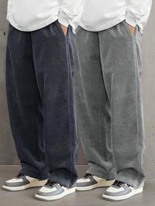 Men's Solid Corduroy Pants, Loose Casual Comfy Drawstring Waist Straight Leg Trousers for Fall & Winter, Men's Bottoms for Daily Wear
