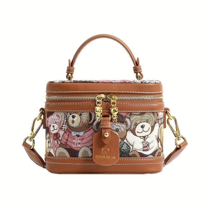 Bolso Tipo Cubo para Mujer con Diseño de Oso de Peluche - Elegante Bolso Cilíndrico con Correa de Hombro Ajustable, Cierre de Cremallera y Herrajes en Tono Dorado en Rosa Brillante/Marrón Claro/Azul, Bolso Casual | Diseño Juguete | Correa Decorativa 4