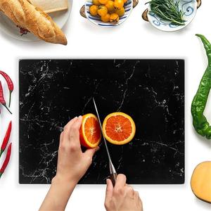 Glass Chopping Board 40x30cm : Glass Worktop Saver for Kitchens - Durable, Hygienic Glass Worktop Savers - Scratch-Resistant, Heat-Proof, Easy-Clean - Black Marble Design Knives Silicone