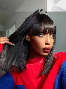 12 Inch Short Bob Human Hair Wigs with Bangs, Brazilian Straight Human Hair Full Machine Bob Wigs, Natural Human Hair Wigs for Women Girls