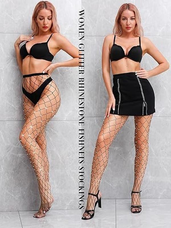 Black Big Fishnet Sparkly Diamante Embellished Rhinestone Crystal Glitter Diamond Tights Sexy Party Outfit Underwear Womenswear Fabric Comfortable Everyday Stretchy Lady Comfort Basic Minimalist lovely dress heels  stocking Bottoms Leggings 0