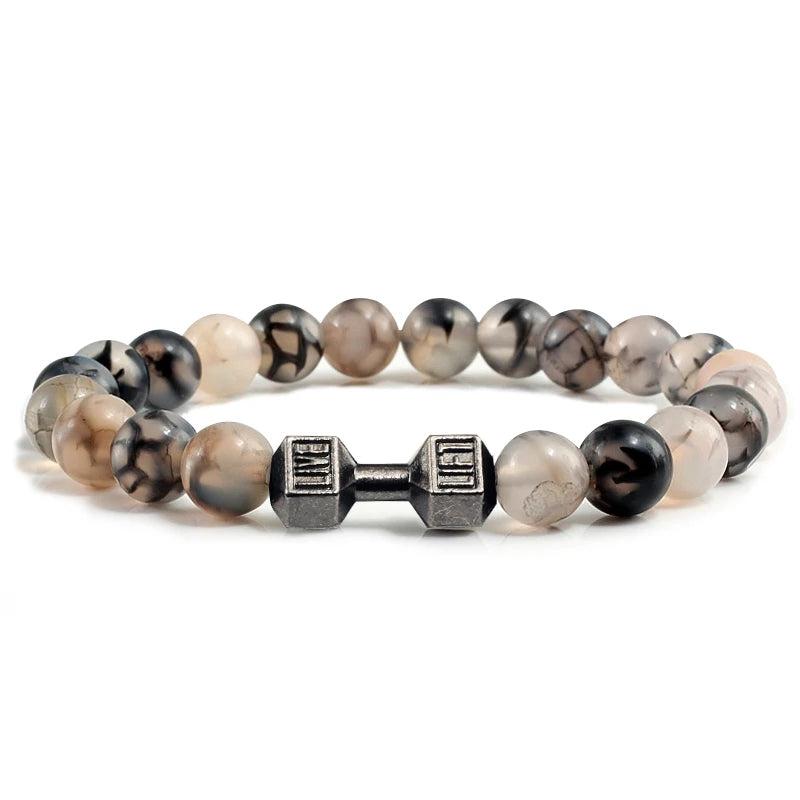Natural Volcanic Stone Bracelet Men Matte Black Lave White Beads Charm Dumbbell Strand Bracelets Women Barbell Fitness Jewelry 3