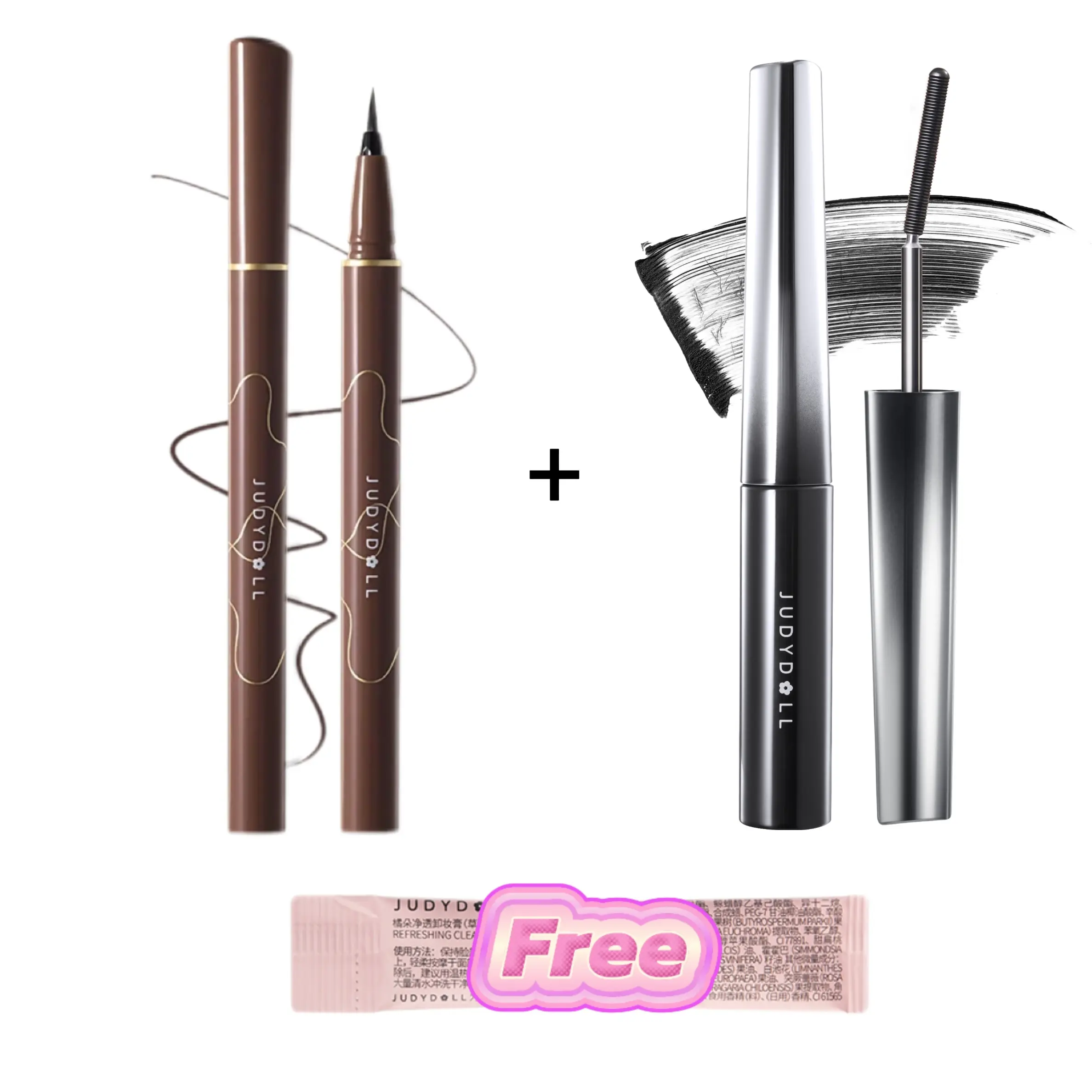 JUDYDOLL All-in-one Eye Bundle - Liquid Eyeliner #01 Black +3D Curling Eyelash Iron Mascara 3g #01Black +Makeup Remover Balm Strawberry