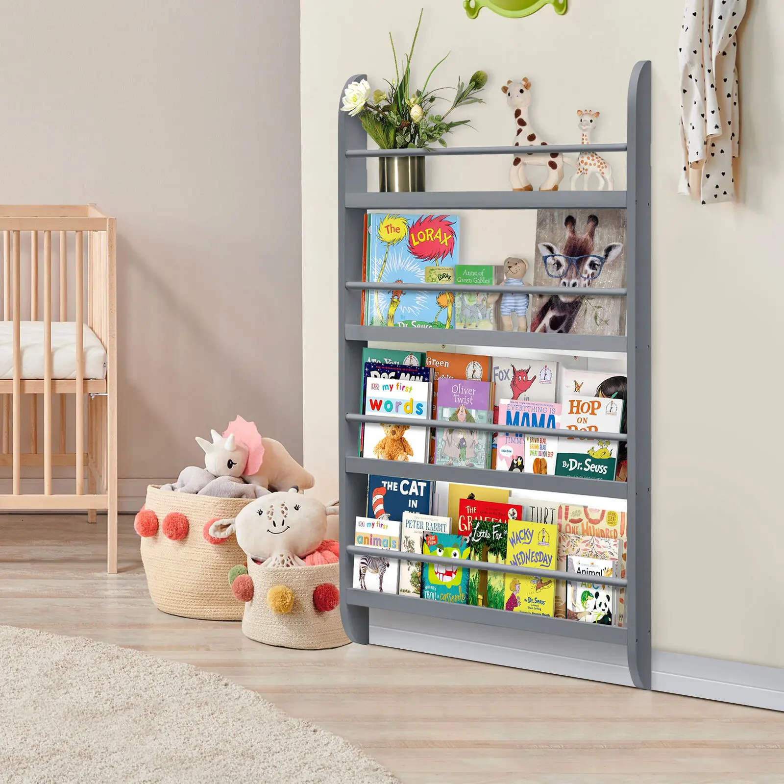Wall Mounted Children Bookcase with 4 Shelves, White, 116.5x60x10CM
