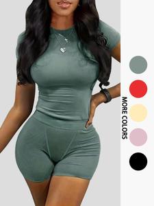 Women's Solid Ribbed Top & Skinny Shorts Set, Casual Comfy Round Neck Tee & Shorts For Yoga Gym Workout, Ladies Summer Clothes, Sporty Set