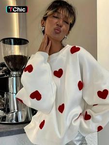 Women's Loose Fit Heart Pattern Drop Shoulder Sweater, Casual Long Sleeve Round Neck Knit Top for Spring & Fall Gift, Fashion Ladies' Knitwear for Daily  Valentine's Day Wear