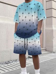 Men's All Over Palm Tree Print Tee & Shorts Set, Regular Fit Casual Short Sleeve T-shirt & Shorts, Men's Summer Clothes