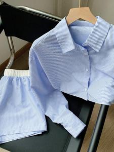 Two-piece Set Women's Striped Print Button Top & Shorts, Casual Long Sleeve Top & Shorts for Daily Wear, Ladies Clothes for All Seasons, Fall outfit