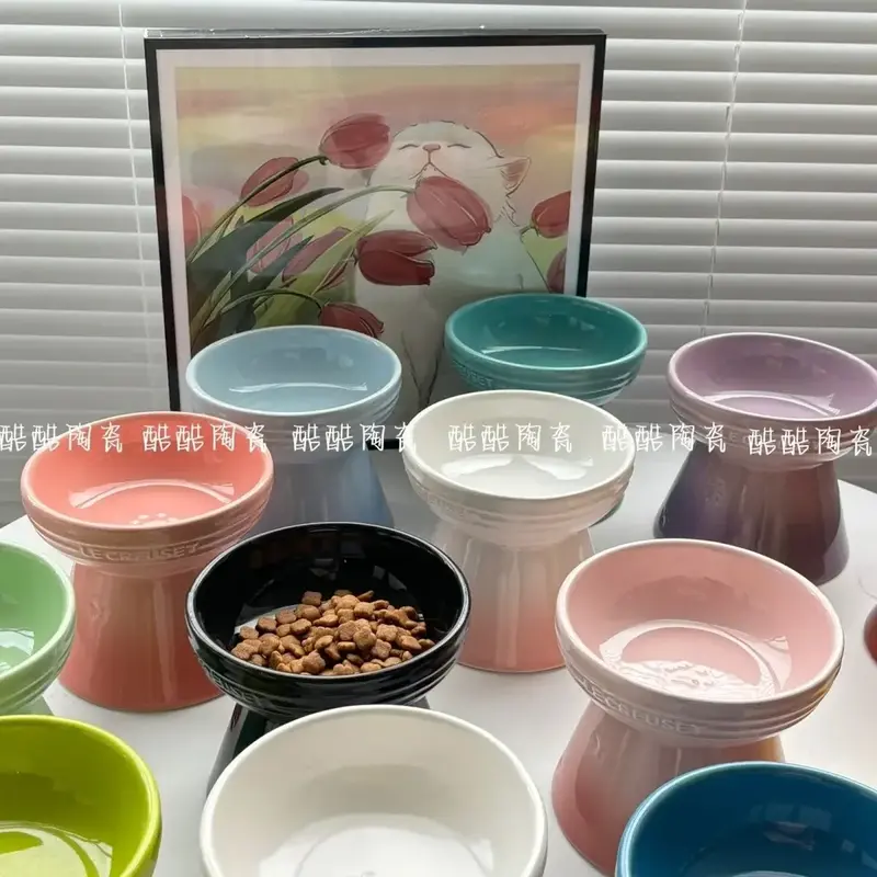 Rainbow High Footed Dog Bowl Snack Bowl Neck Protection Pet Drinking Water Cat Food Anti Slip Anti Black Chin 1